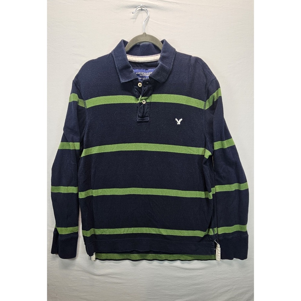 American Eagle Rugby Polo‎ Shirt Mens Large Navy Green Stripe Long Sleeve Preppy
